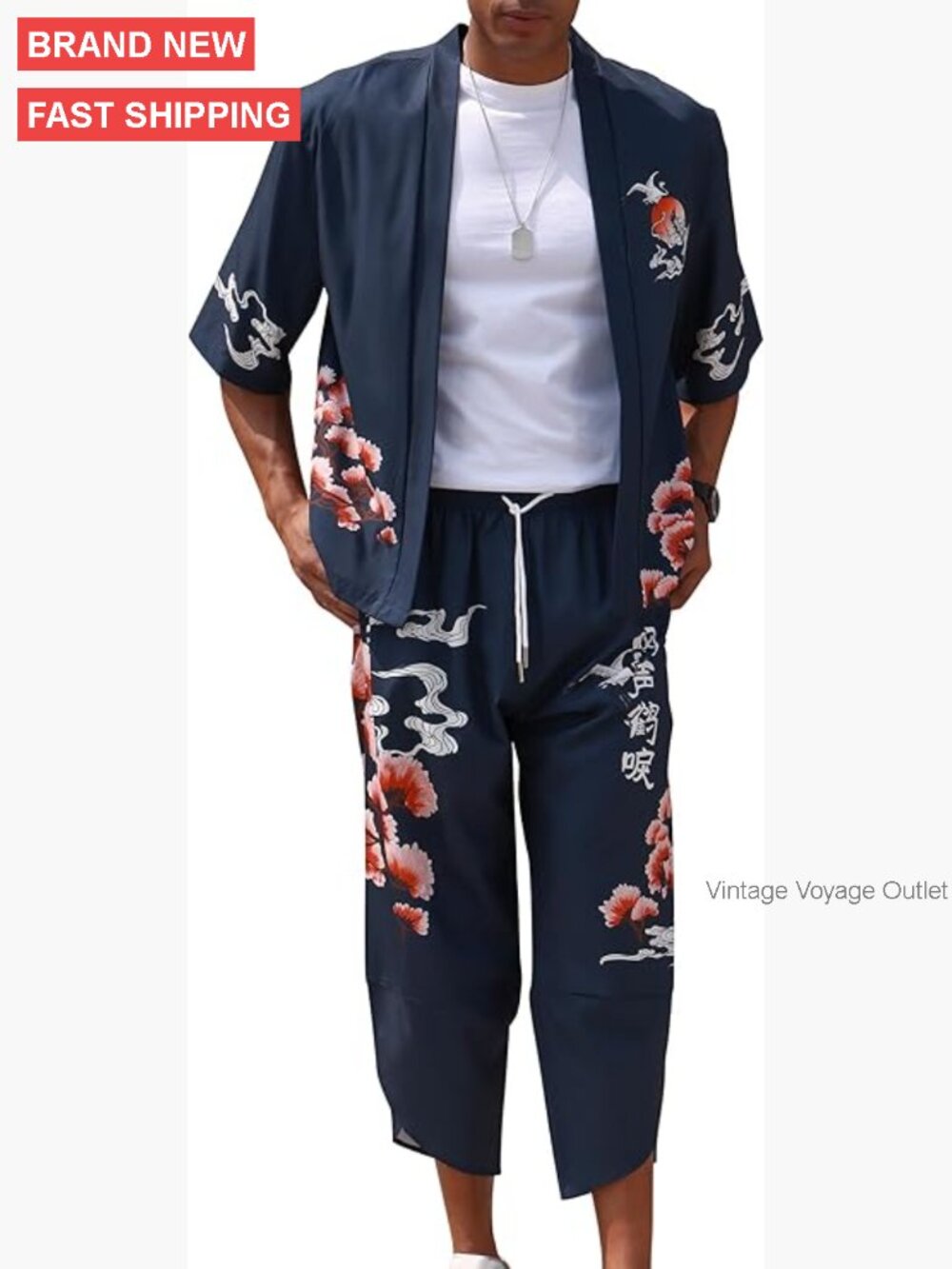 Men's Japanese Kimono Jacket Set with Shorts, Printed Cardigan, Casual Suit